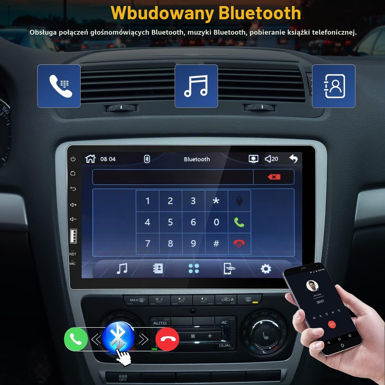 SIXWIN Radio samochodowe 1 DIN Carplay 9-calowy ekran dotykowy odtwarzacz kompatybilny z bezprzewodowym odtwarzaczem CarPlay/Android Auto Bluetooth 5.0 FM RDS Radio USB AUX-in/Link do lusterka+kamera