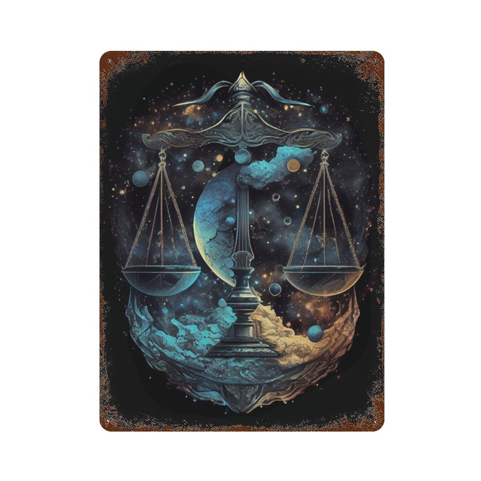 Celestial Scale Of Balance Rusty Metal Tin Sign 15.7"x11.8", Ideal for Pub, Kitchen And Man Cave Decor