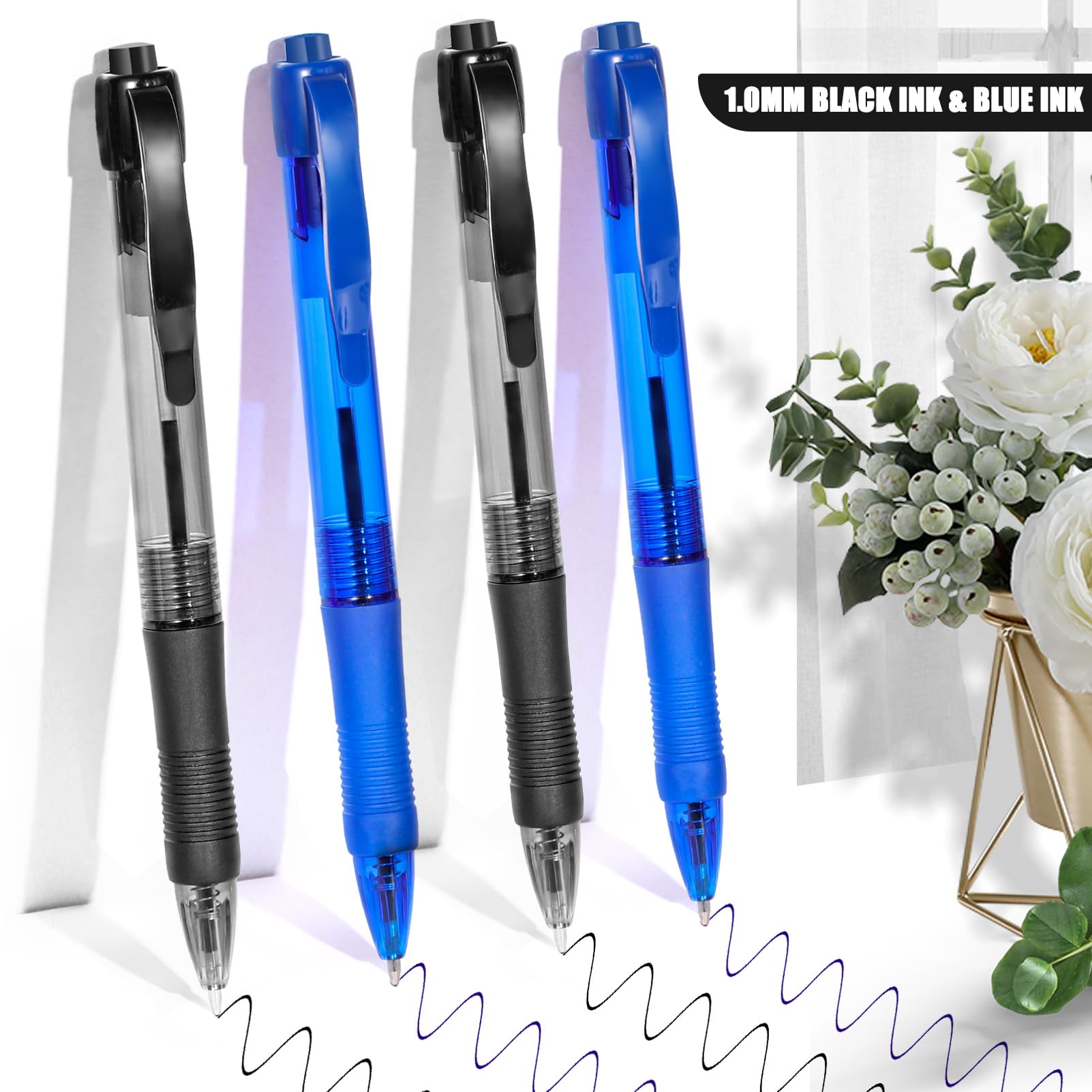 deegtran Bolígrafos a granel, paquete de 100 bolígrafos de tinta negra y azul con agarre suave, bolígrafos retráctiles al por mayor para oficina y escuela, punta media suave de 1 mm