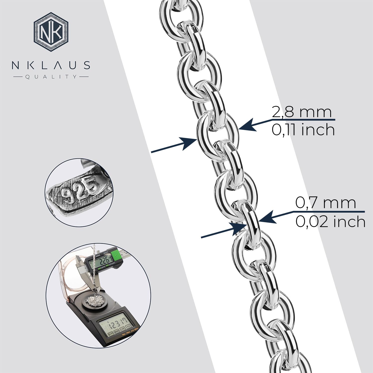 NKlaus łańcuszek ze srebra wysokiej próby 925, okrągły, masywna kolia 2,80 mm szerokości, biżuteria damska, srebro, cod. 3524