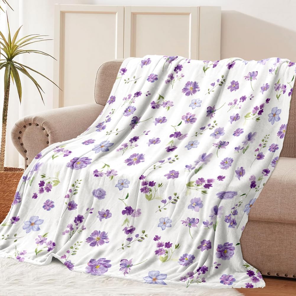 Floral Throw Blanket Purple Flowers Blanket Ultra Soft Flannel Fleece Throw Blanket Lightweight Cozy Fluffy Plush Blanket for Bed Couch Sofa 50" X 60"