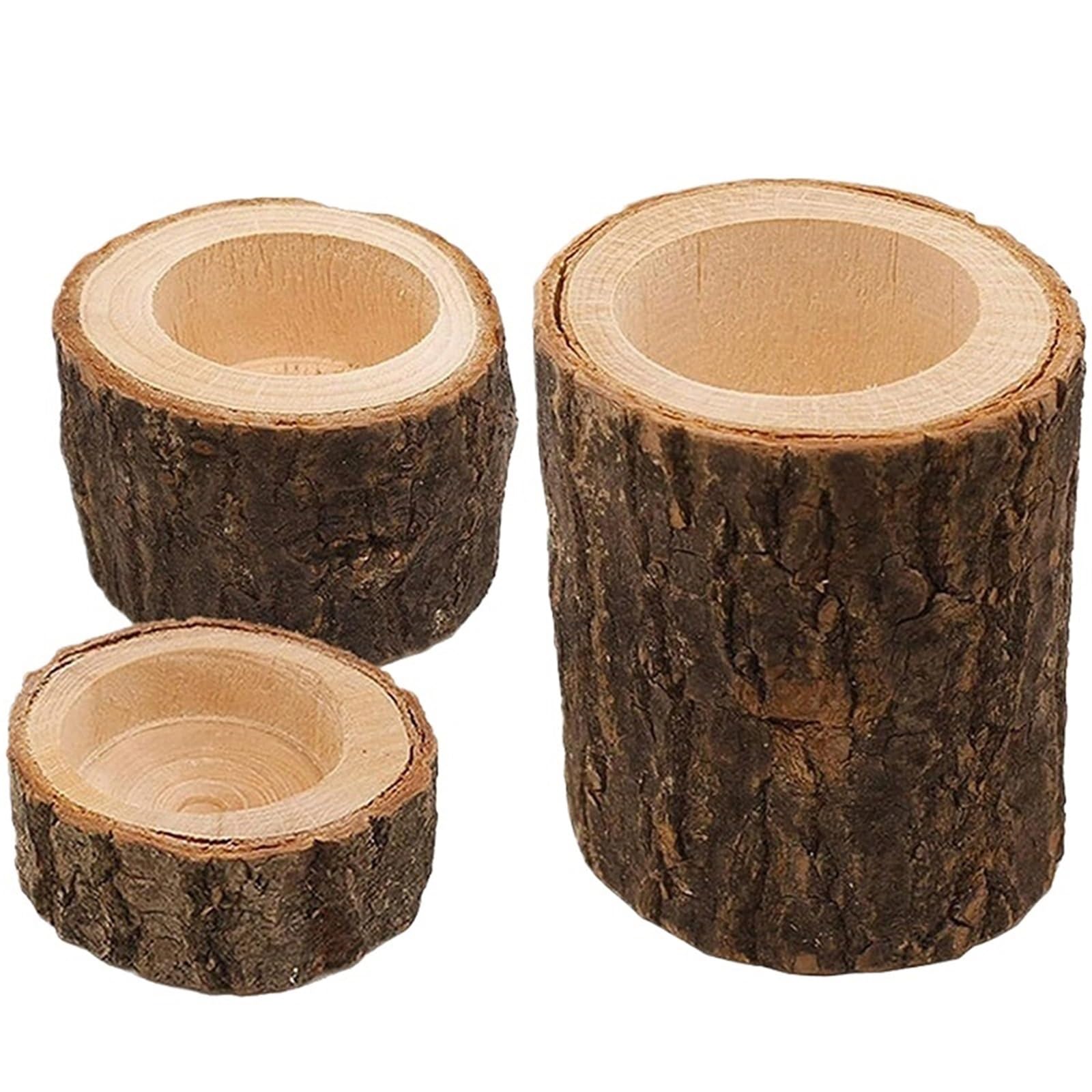 QuxetlRyz Wooden Tree Stump Decor 3 Pcs Wooden Log Candle Holders – Rustic Tree Stump Tealight For Home Decor & Events