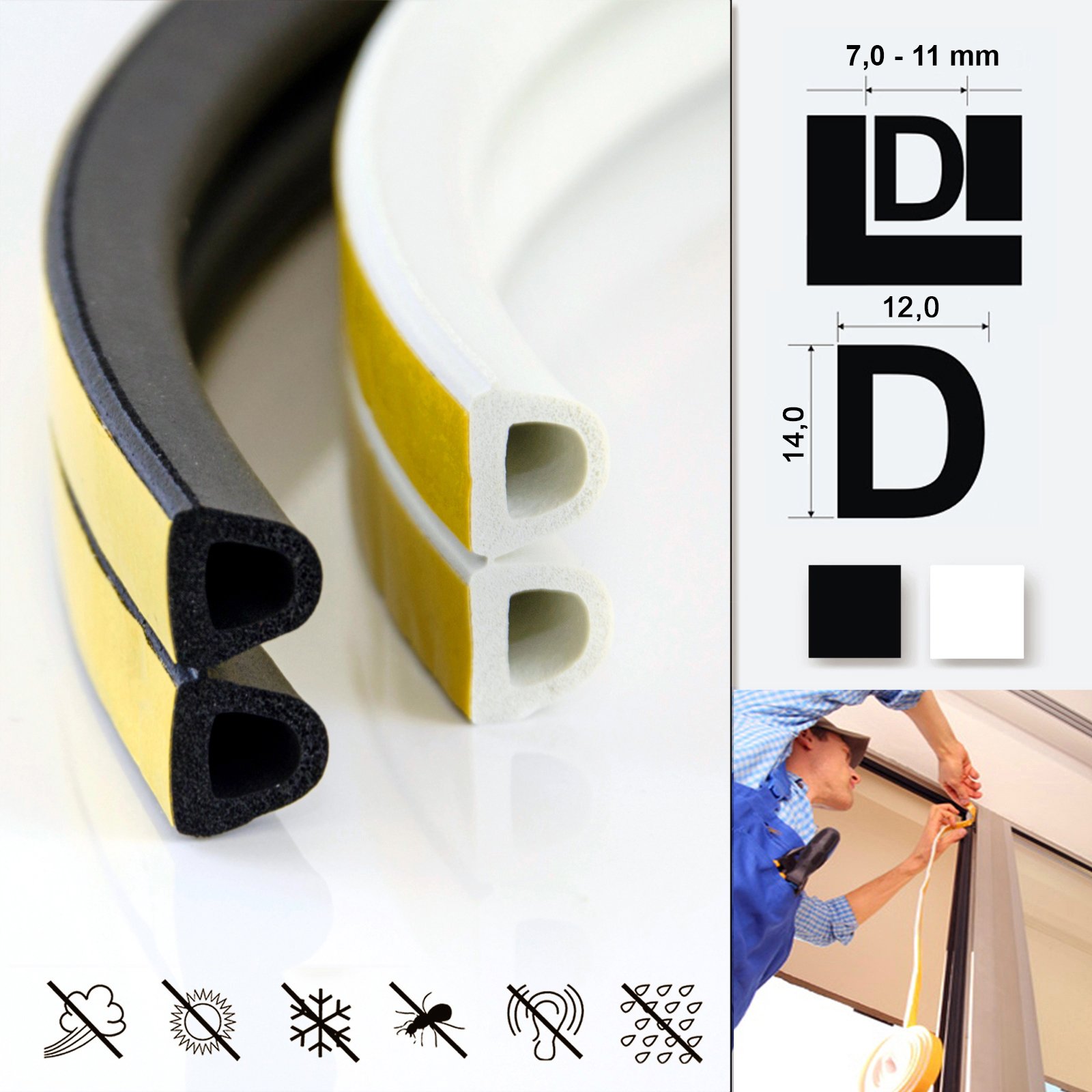 Guarnizione in gomma < > 14 x 12 mm < > Profilo D < > Guarnizione paraspifferi per porte e finestre EPDM.