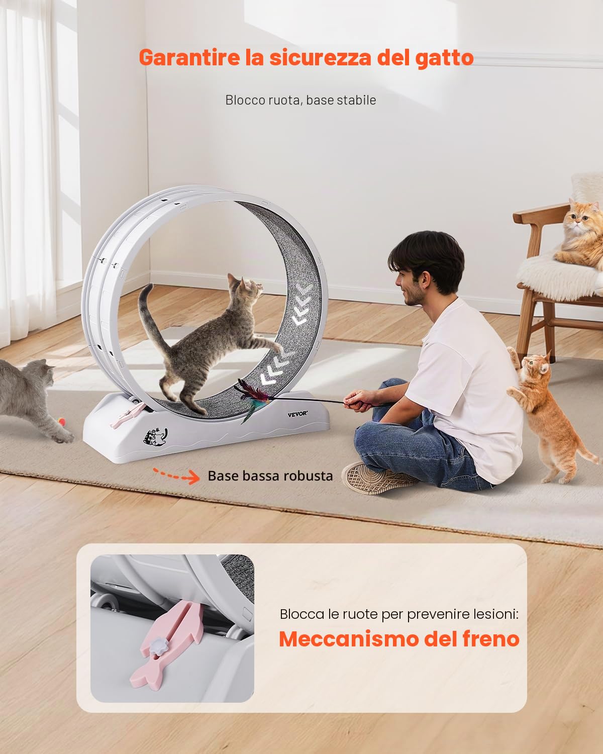 VEVOR Ruota per Esercizi per Gatti, Grande Ruota per Correre con Freno di Sicurezza e Pista in Moquette, Tapis Roulant per Gatti, Ruota per Esercizi da Interno per Animali Domestici, Bianco 800 mm
