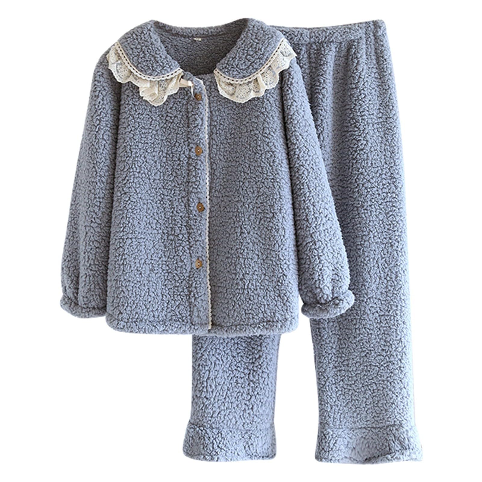 Pijama largo de franela para mujer, juego de pijama de felpa cálido, traje de casa de dos piezas, ropa de salón con botones, para invierno, cómodo, suave, ropa de dormir térmica