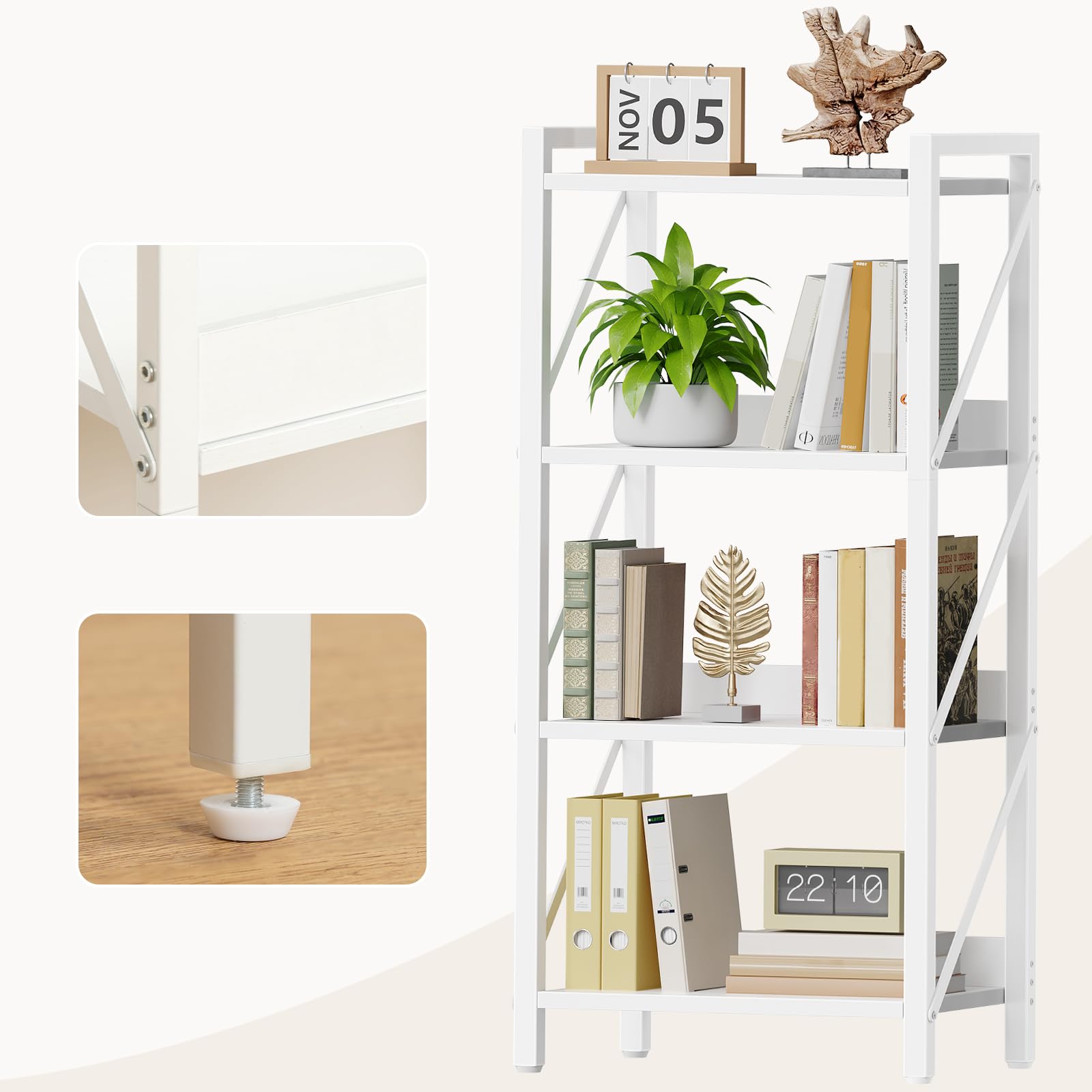 HOOBRO Scaffale a 4 Ripiani in Stile Moderno, Libreria Angolare, Scaffale a Scala, con Struttura in Metallo, per Soggiorno, Camera, Ufficio, Cucina o Ingresso, Bianco EWW40SJ01