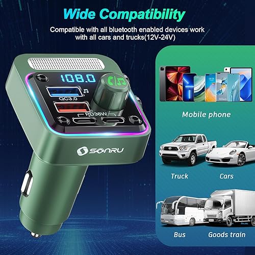 Miniatura 8 de Adaptador de transmisor FM Bluetooth 5.3 para automóvil, cargador de coche SONRU de 54 W PD 36 W y QC3.0 18 W, transmisor de radio FM inalámbrico