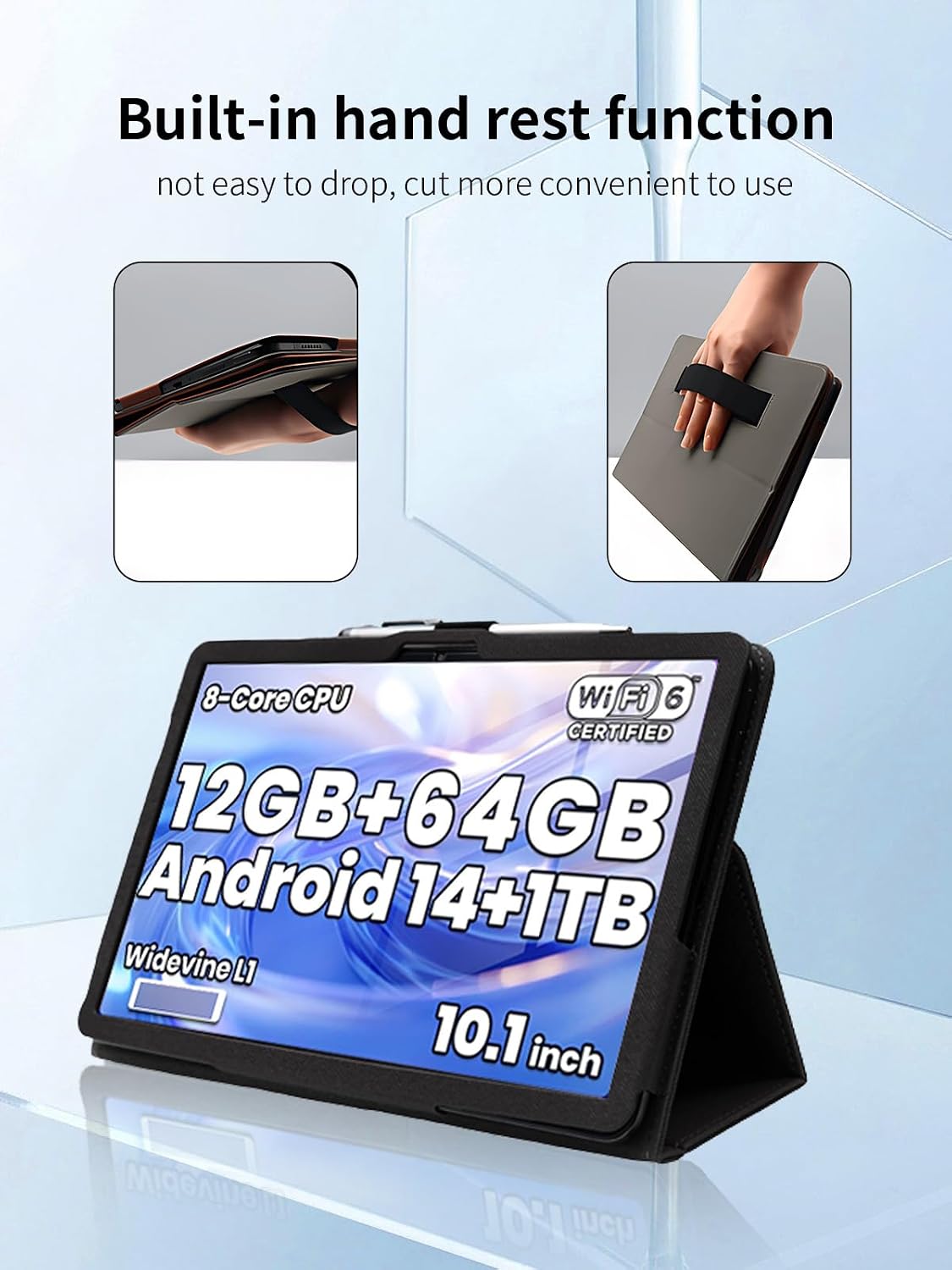 Case for Hzvopmr X12 Tablet 10.1 inch Android 14 Tablets,UYRUREL Leather Slim Folding Stand Cover with Hand Strap Magnet for Men Women Full Protection,Black. image 4