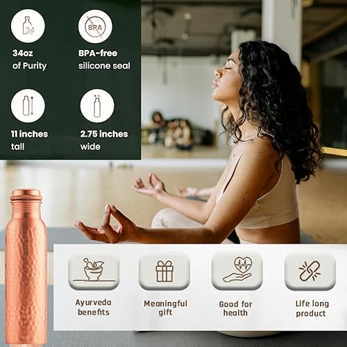 Miniatura 5 de NZM Botella de agua de cobre puro de 34 onzas para beber, tapa a prueba de fugas, botella de agua ayurvédica de cobre martillado de 33.8 fl oz