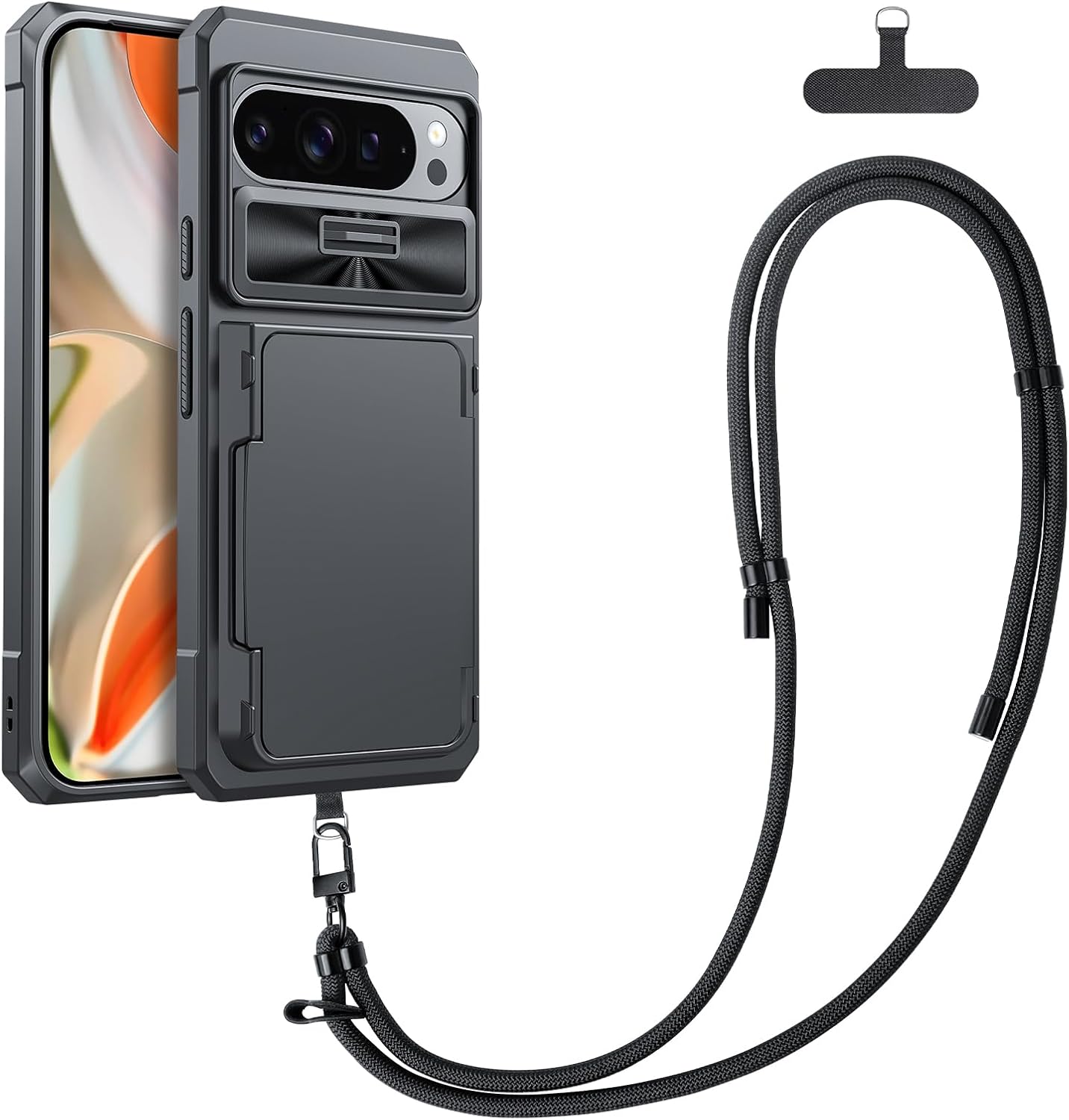 CENMASO for Google Pixel 9 Pro XL Case with Lanyard Strap & Card Holder (4-5 Cards) [RFID Blocking] & Sliding Camera Cover & Kickstand, Military Drop Protection, Wallet Case for Pixel 9 Pro XL-Black