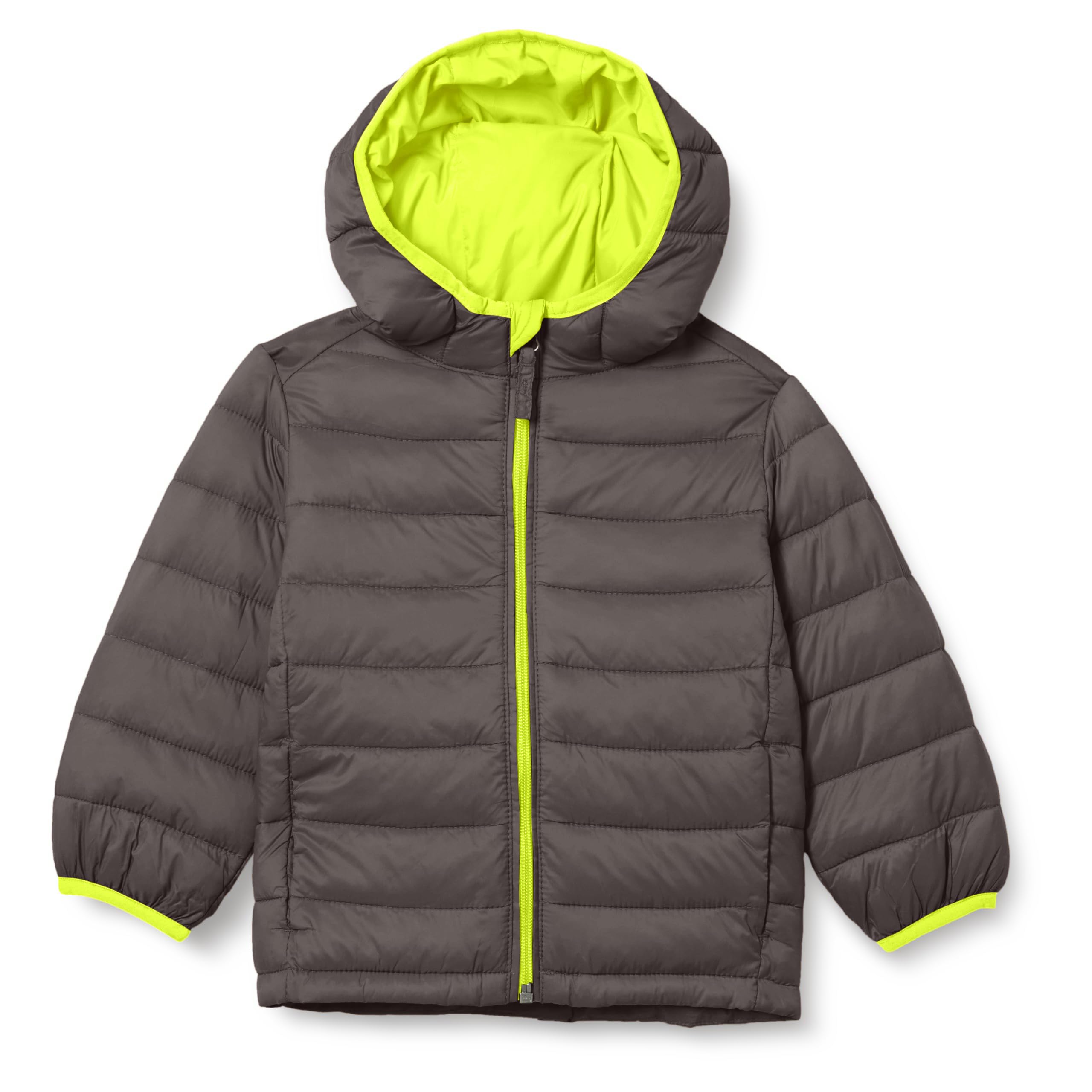 Amazon Essentials Boys' Lightweight Water-Resistant Packable Hooded Puffer Jacket, Insulated, Grey With Neon Yellow, Large