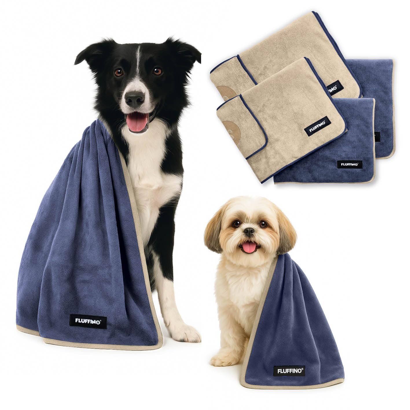 FLUFFINO Hundehandtuch 4er Set - 2X 120x70cm & 2X 90x50cm - extrem saugfähig & weich | Waschbar bei 60°C, schnell trocknendes Mikrofaser-Handtuch für kleine, mittelgroße & große Hunde