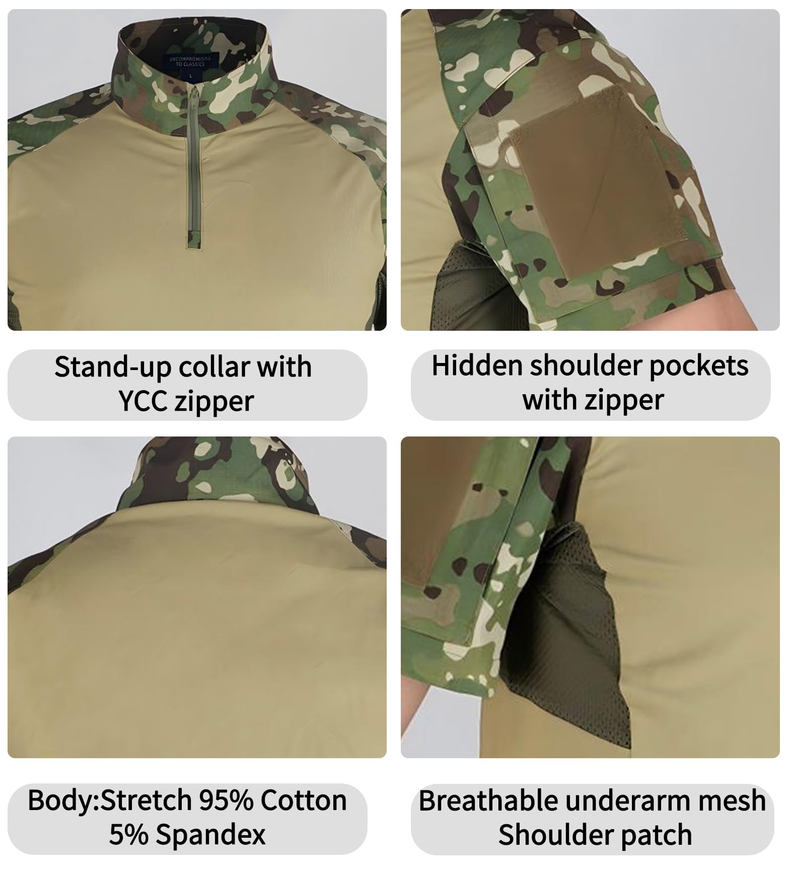 Camisetas de camuflaje para hombre, de secado rápido, con cremallera de 1/4, elástica, manga corta, con 2 bolsillos