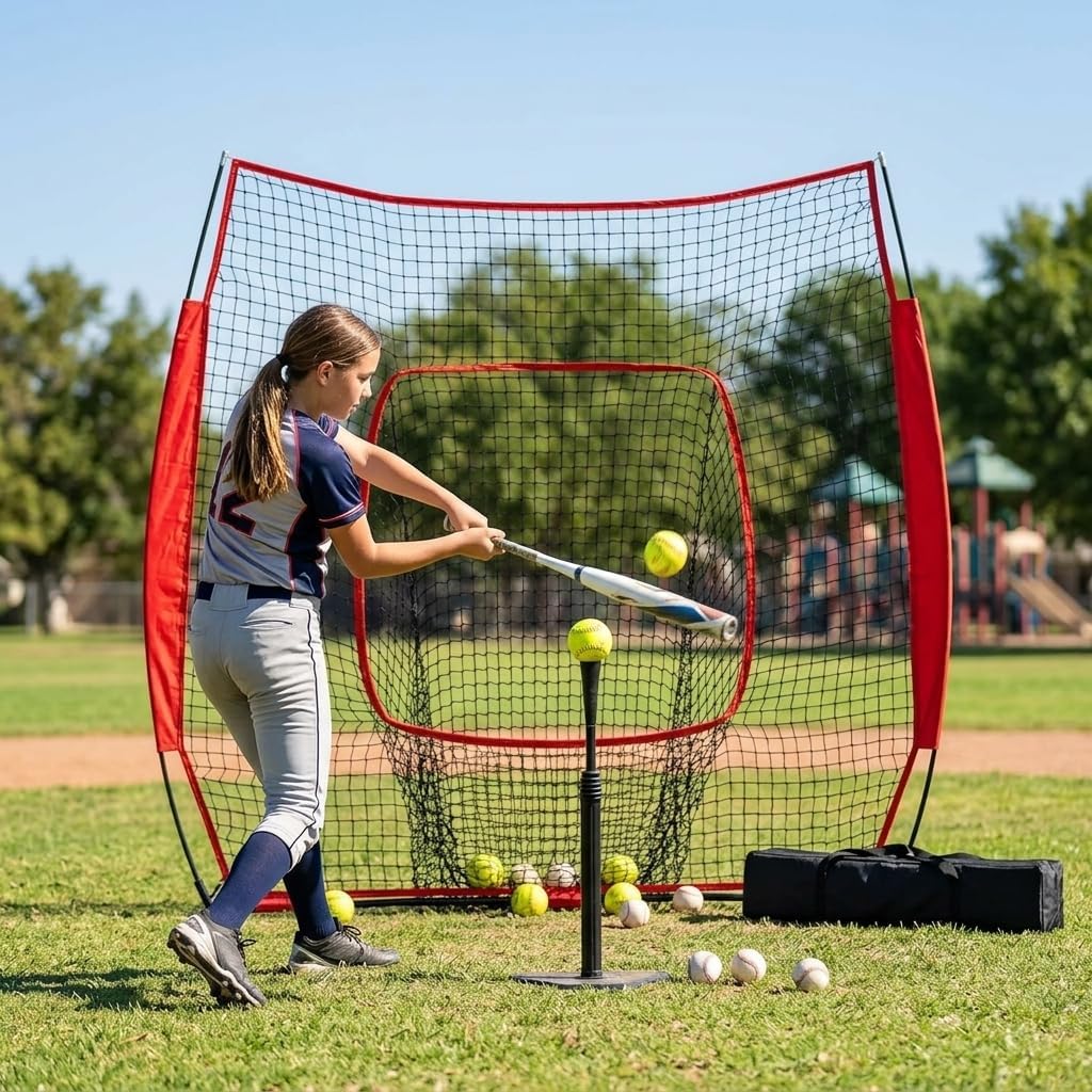 7x7 FT Baseball Hitting Net with Carry Bag, Portable Softball & Pitching Net for Batting Practice, Indoor Outdoor Training Net for All Skill Levels