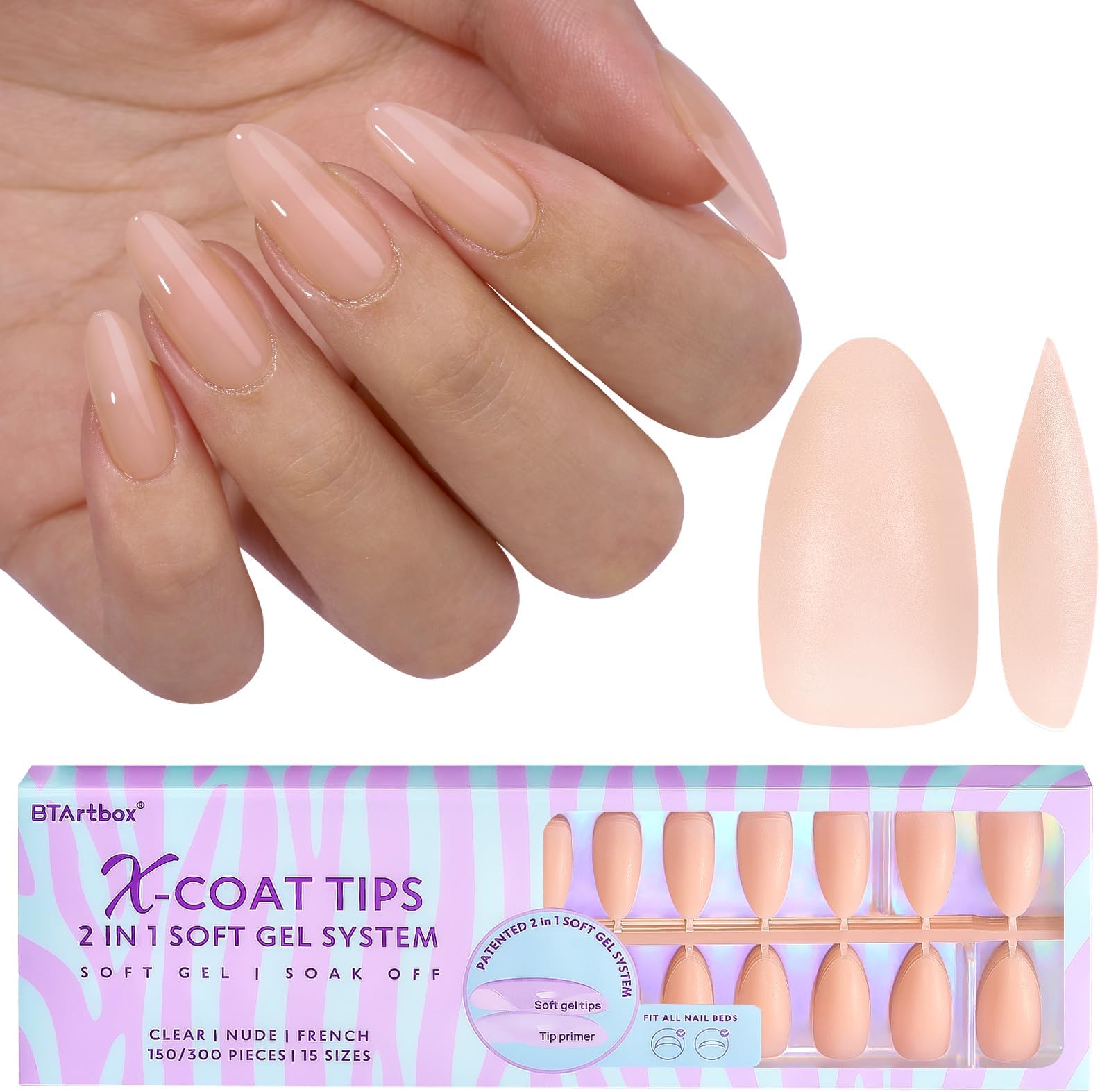 Almond Press On Nails - Soft Gel Nail Tips Medium XCOATTIPS Natural with Base Color, Stronger Adhesion, Nude Pre-shaped Ultra Fit Fake Nails for Daily Nail Extensions