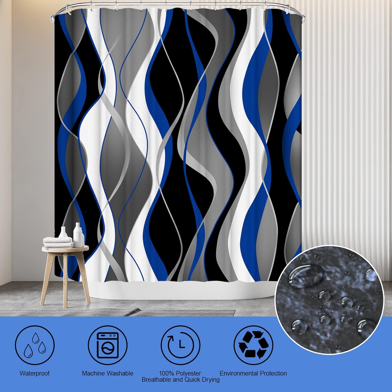 BEIFIVCL 4Pcs Blue Shower Curtain Sets with Non-Slip Rugs, Toilet Lid Cover and Bath Mat, Black and Gray Bathroom Decor Set Accessories Fabric Waterproof Shower Curtains with 12 Hooks, 72 x 72 Inch : Home & Kitchen