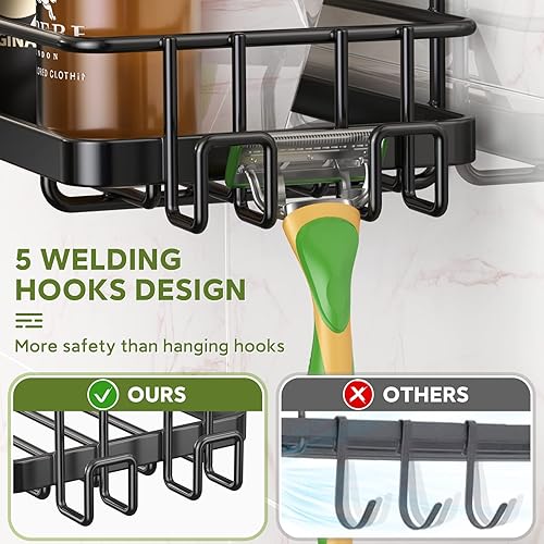 Miniatura 6 de Organizador de ducha adhesivo para baño, estante de ducha alto para regadera interior con 5 ganchos, organizador de ducha sin perforación, estante