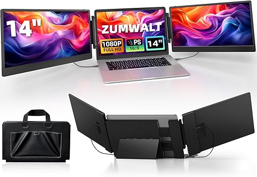 ZUMWALT Laptop Screen Extender, 14" Triple Portable Monitor for Laptop, 1080P FHD Screen Extender Monitors for 13"-16.5" Laptop, Monitor Extender for MacOS/Windows/Chrome (Built-in Speakers)