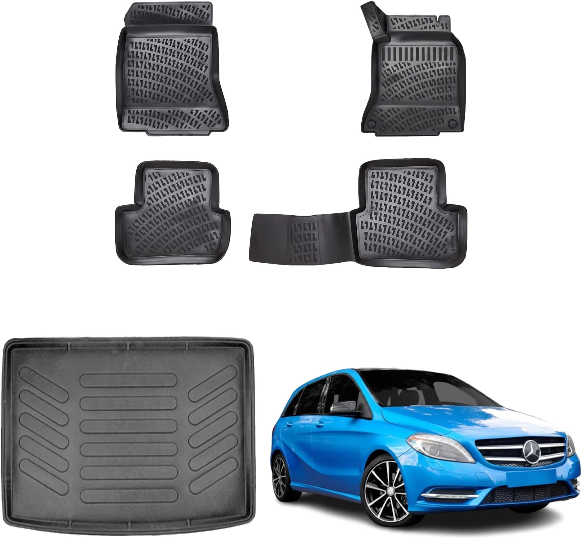 – Heavy Duty Rubber Floor Mats and Boot Liner Set for Mercedes B Class 2012–2018 - Waterproof Non-Slip Vehicle Mats with OEM Fixing Clips - Compatible with Mercedes B Class 2012–2018 - Set of 5