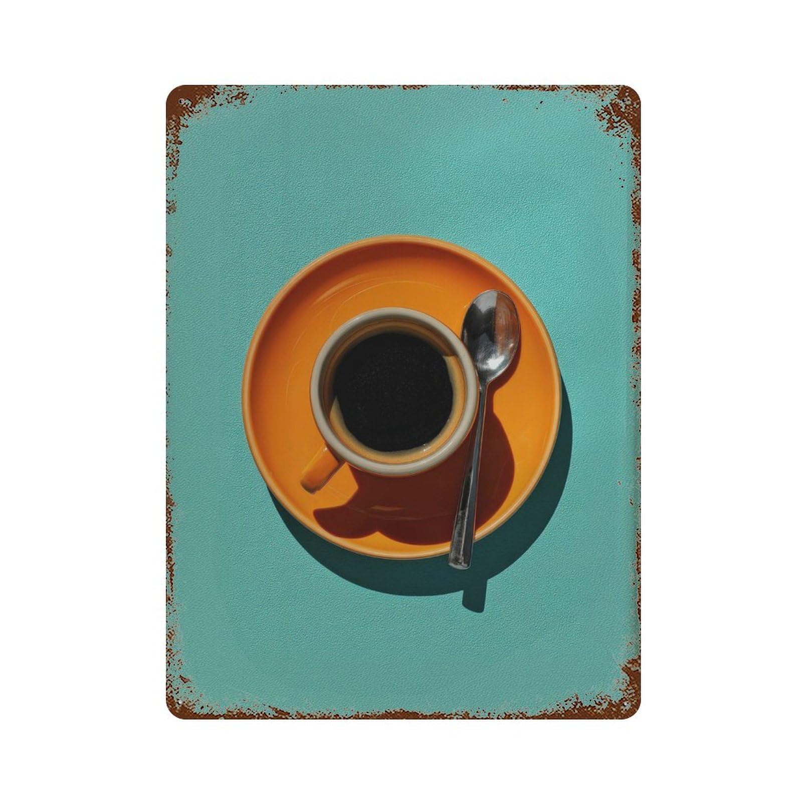 xiaoxiaoshen Coffee Orange Saucer on Turquoise Background Wall Decor Art Metal Tin Poster Modern Home Decor Art Home Bar Shop Decorations Vintage Sign 40x30cm