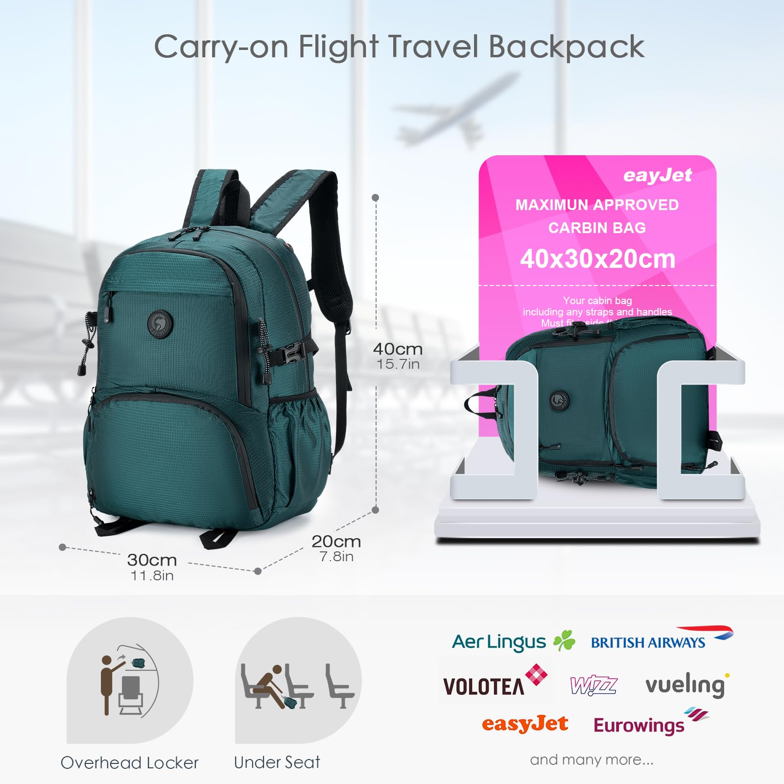 SPAHER 25L Składany Plecak Podróżny Bagaż Podręczny 40x30x20 Wizzair Vueling Wodoodporny Plecak Szkolny Turystyczny Lekkie Plecak na Co Dzień Plecak na Laptop dla Mężczyzn Kobiety Niebieski