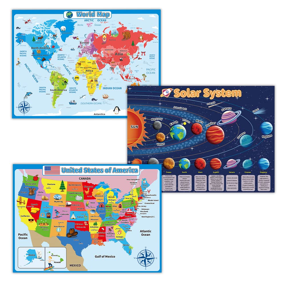 Homievar 3 Pack World & USA Map & Solar System Posters for Kids, United States Map Double Side Educational Posters for Elementary Classroom Decorations Teacher Supplies 17.3 x 24 inch