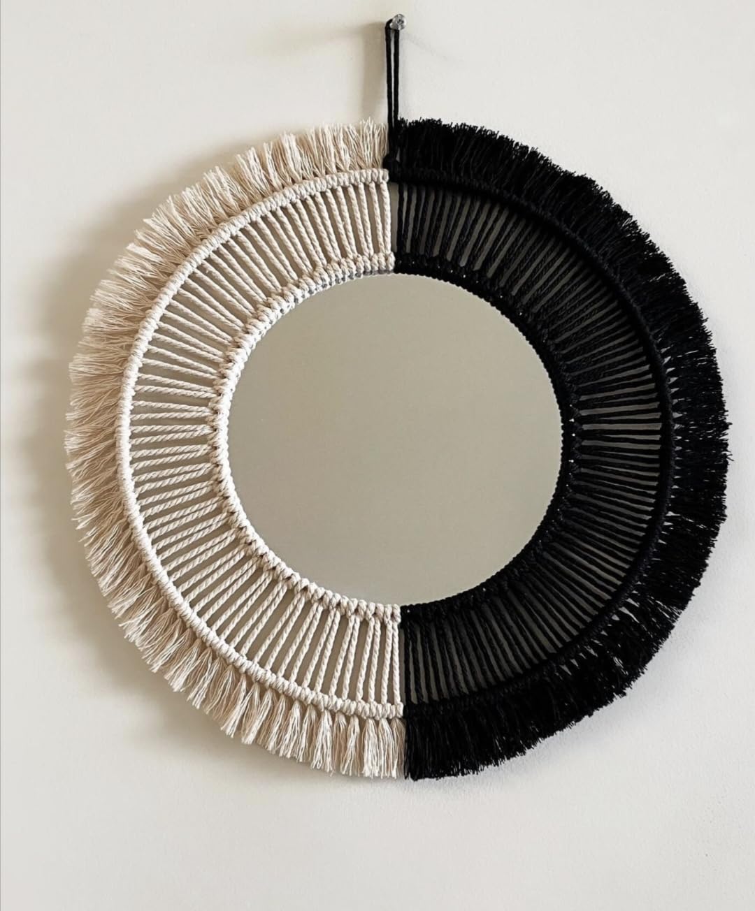 GUL DECOR | Handmade Cotton Macrame Wall Hanging Mirror with Boho Fringes, Bohemian Art Decorative Aina for Make-Up, Dressing, Living Room, Bedroom, Off-White, Dia 18 Inches, Style 50-image-14