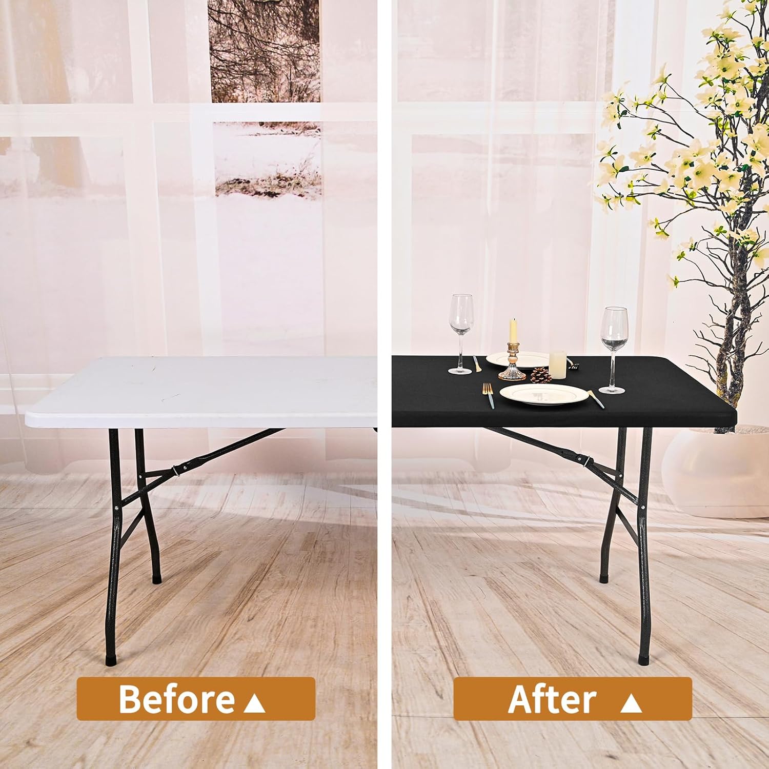 12 Pack Stretch Fabric Table Top Cap Cover, Elastic Fitted Tablecloths for 6 Foot Rectangle Tables, Washable Spandex Picnic Table Cover for Outdoor Camping Patio Banquet Party (Black, 30" W x 72" L)