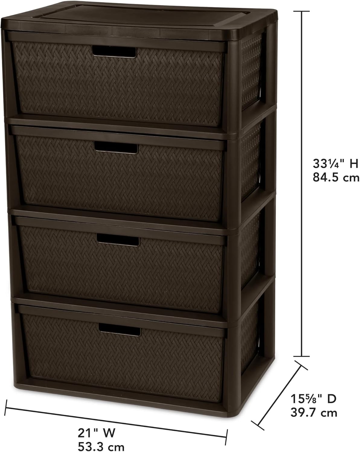 Wide 4 Drawer Organizer Tower, Decorative Cross-Weave Removable Plastic Drawers, Tool-Free Assembly, Multipurpose Storage, Brown
