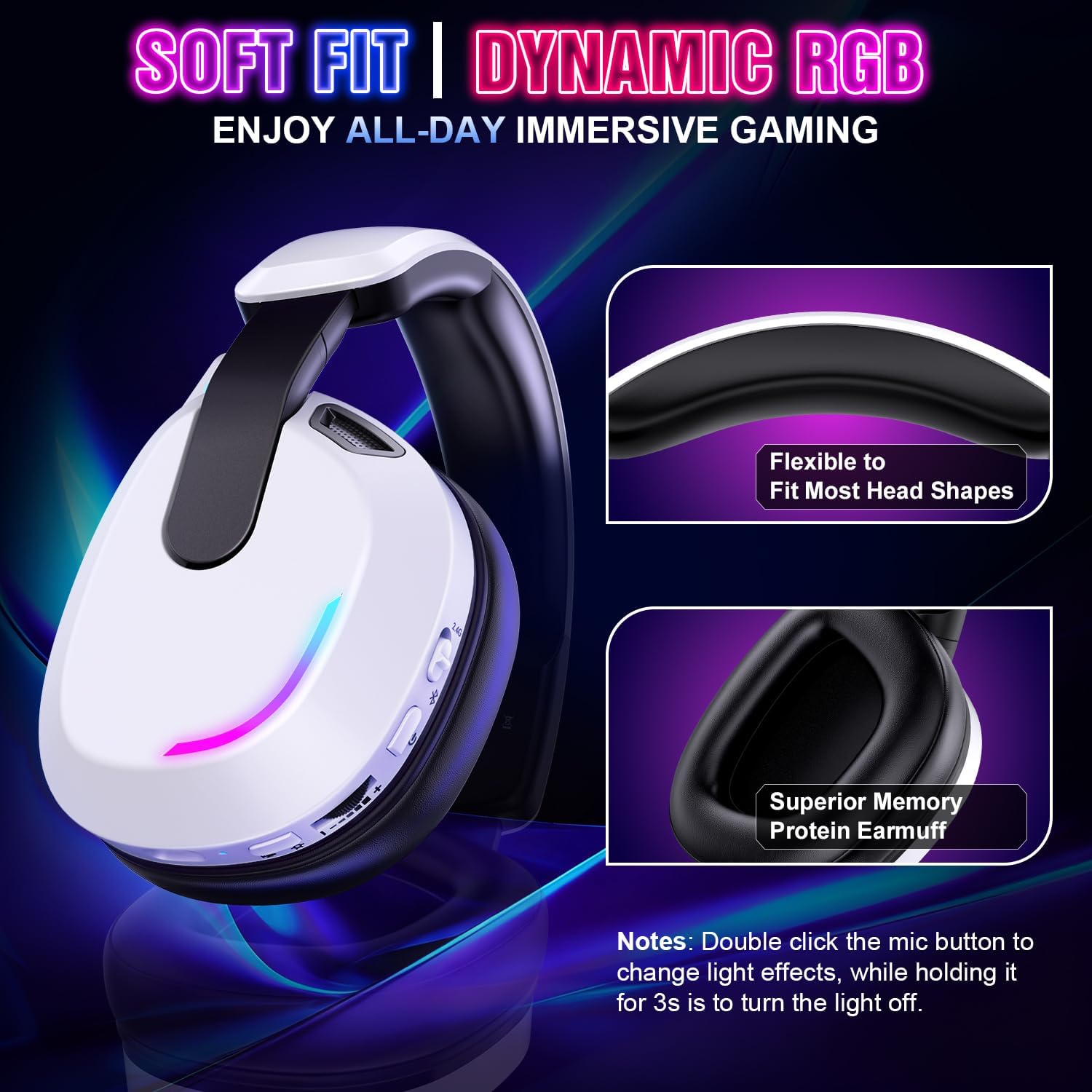 Wireless Gaming Headset for PS5 PS4 PC Switch Mac - RGB Over-Ear Headphones with Noise Cancelling Mic, 60H Playtime, 7.1 Surround Sound, Bluetooth 5.4 & Memory Foam Ear Cushions - Image 7