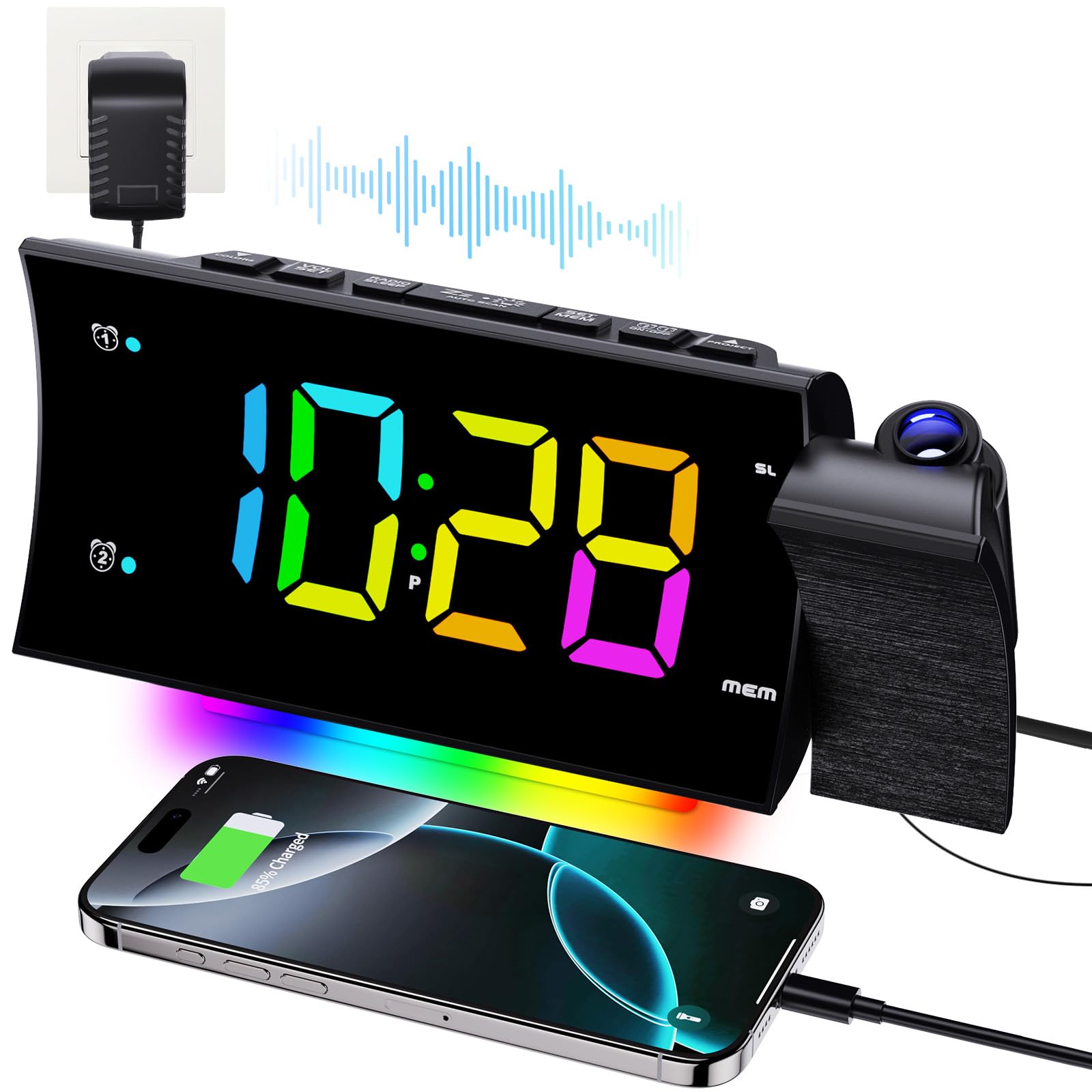 Sveglia Digitale A Specchio Con Proiettore 8 Pollici – 2 Sveglie, 2 Porte USB, Proiettore Girevole 180°, Per Camera Da Letto - 4
