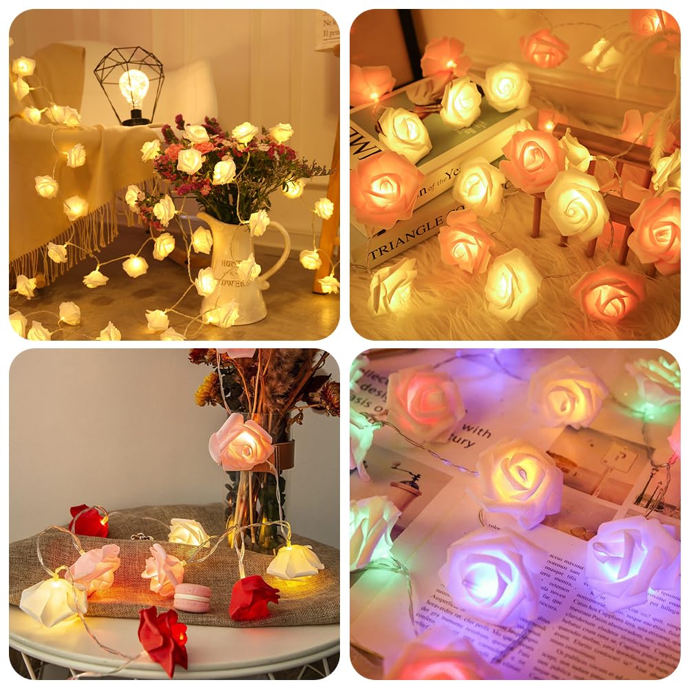OSDUE Guirnalda de luces LED de Rosas 3m 20 LED Mini Luces de Hadas Impermeable Guirnalda de Flores con Batería 2 Modo de Iluminación Luces Navidad Light de Hadas para Fiesta Habitación Jardín(Blanco)