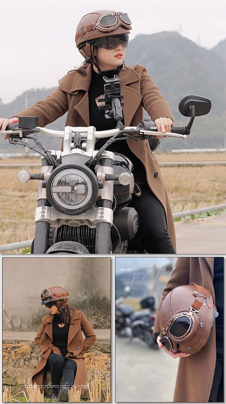 Retro 3/4 Casco Aperto Moto Mezzo con Occhiali, Vintage Style Caschi Jet Caschi Cromwell, DOT/ECE Approvato Demi-Jet Casco da Moto per Uomo E Donna Adulto,