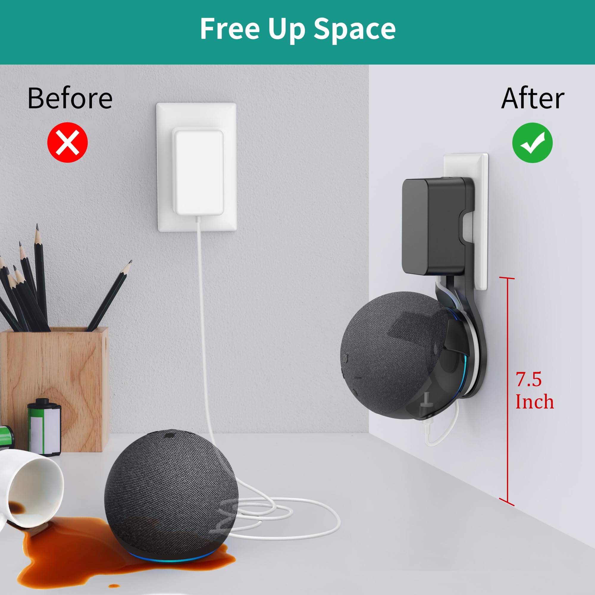 PlusAcc Support de Prise Murale pour Echo Dot 5ème génération - Pas de vis nécessaires (Noir)