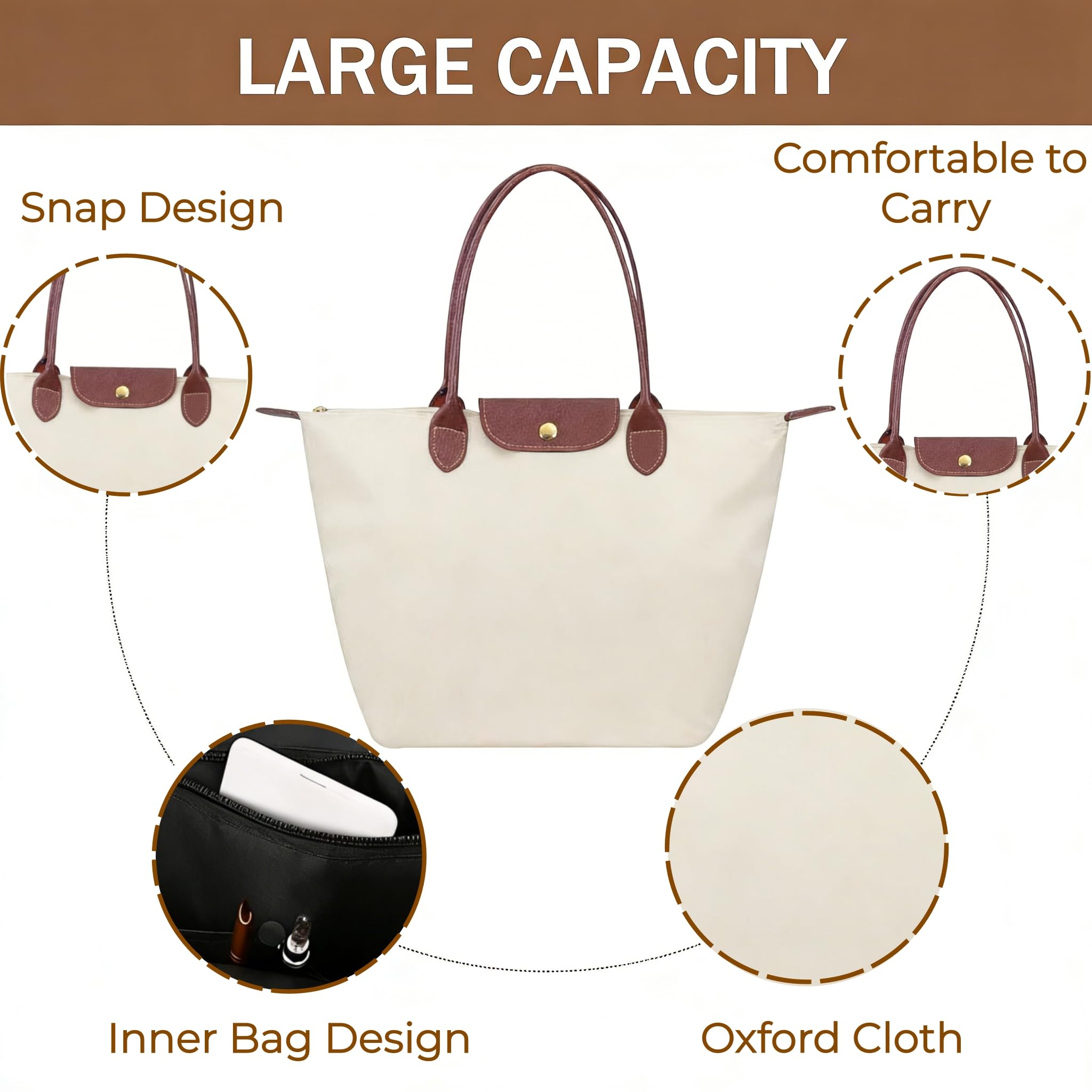 HTTDSLF Bolso de Hombro para Mujeres, Bolsa de Mano para Mujer, Bolso Universidad Trabajo, Liviano y Plegable, Bolsos de Grandes Capacidad para Viajar Desplazamientos Compras Playa — view 5