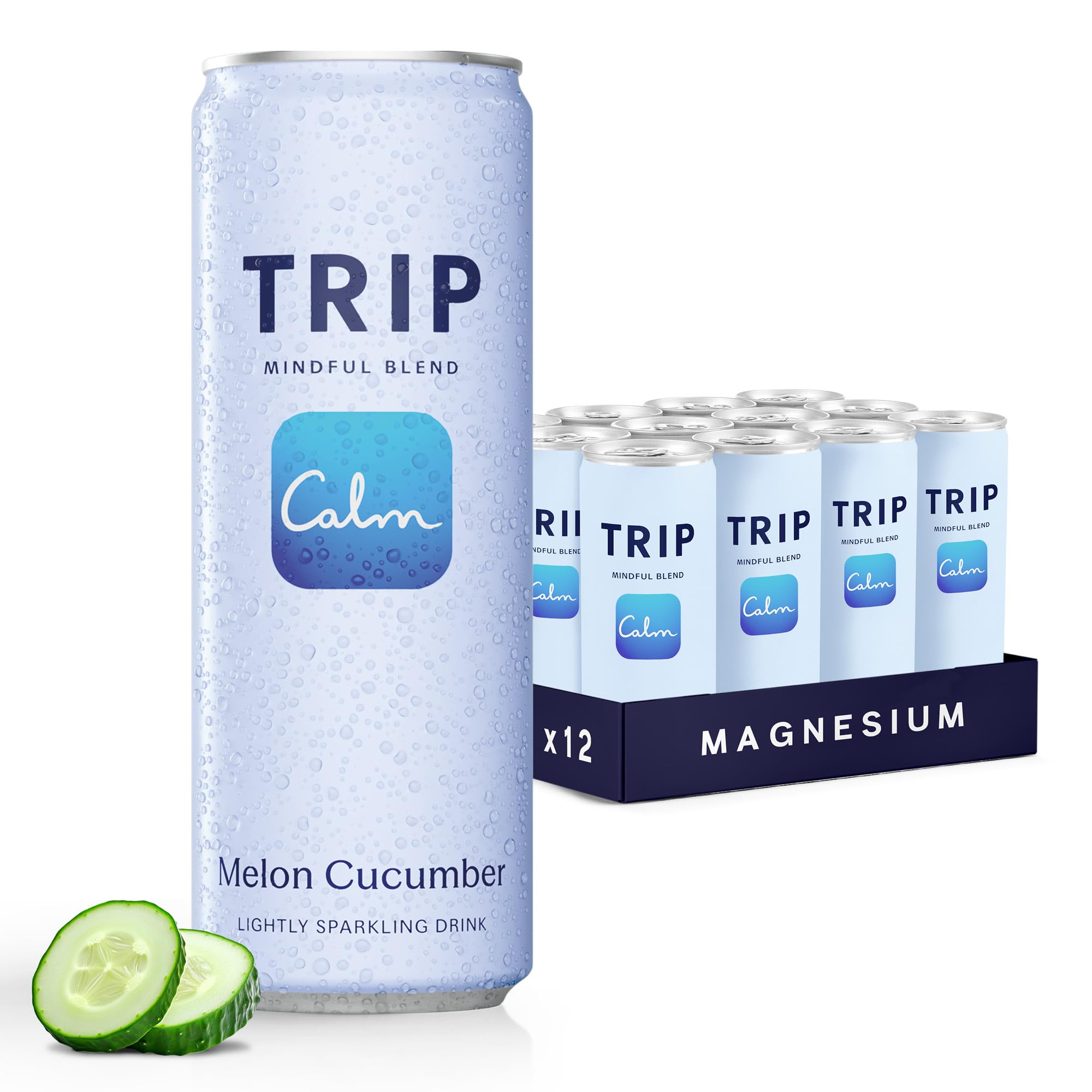 TRIP Lightly Sparkling Adaptogen Drink, Non Alcoholic Drink with Magnesium, Ashwagandha, Lions Mane & L Theanine, No Added Sugar Mocktail, Vegan, Melon Cucumber, 12 Oz, 12Pk
