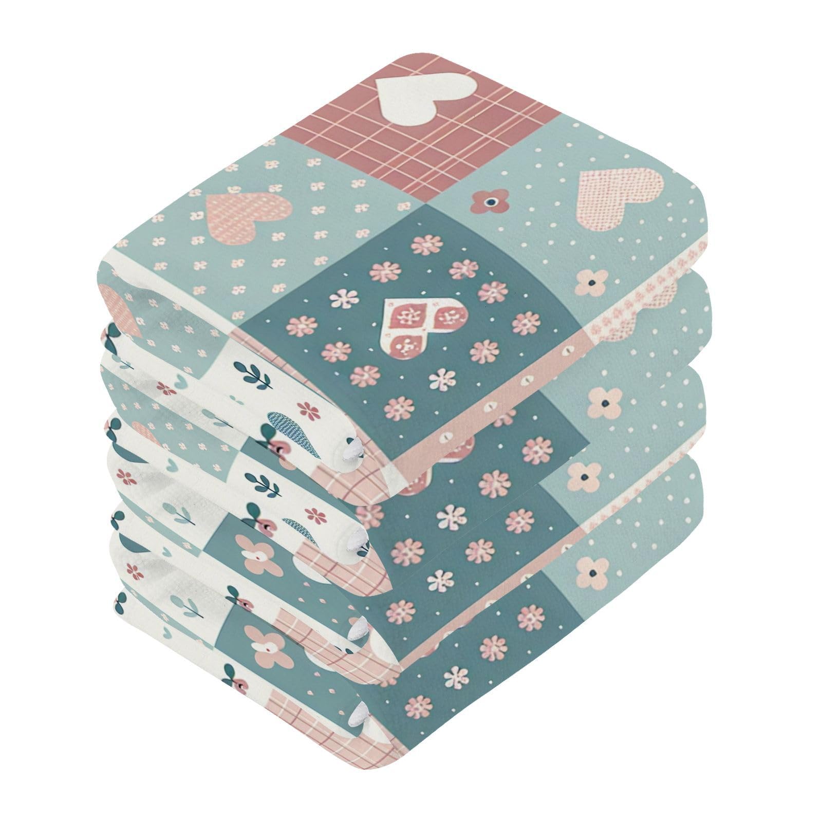 YANENDIE Simple Checkered Hearts Washcloths Towels, Highly Absorbent and Soft Cotton Face Cloths, 4 Pack Quick Dry Wash Cloths - 12 X 12 Inches