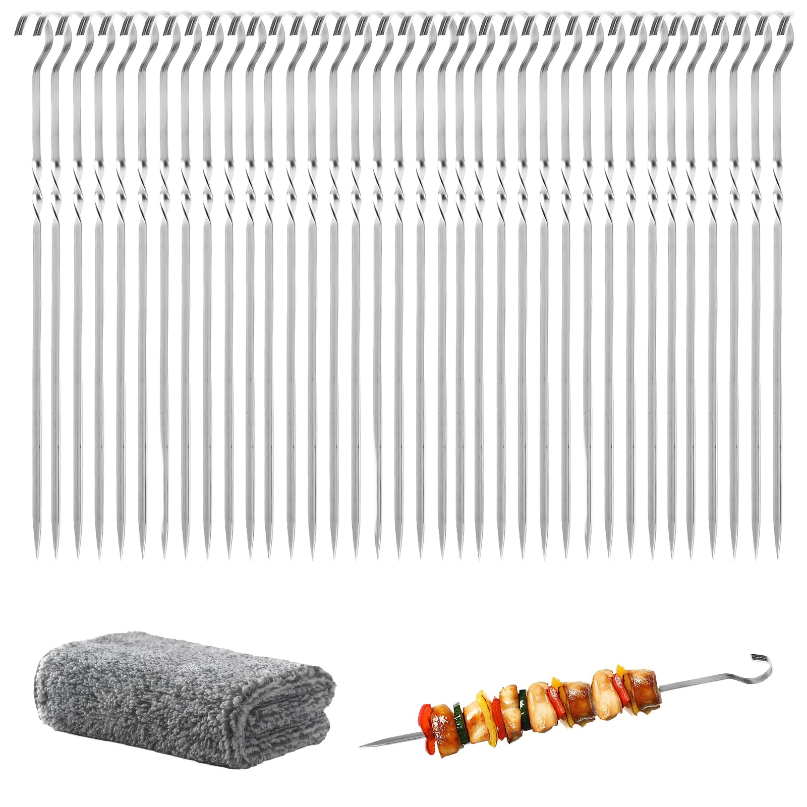 Piques à Brochettes en Acier Inoxydable 30 cm, Lot de 36, Pratiques et Robustes avec Nettoyant Inclus, Idéales pour Barbecue, Camping et Feu de Camp