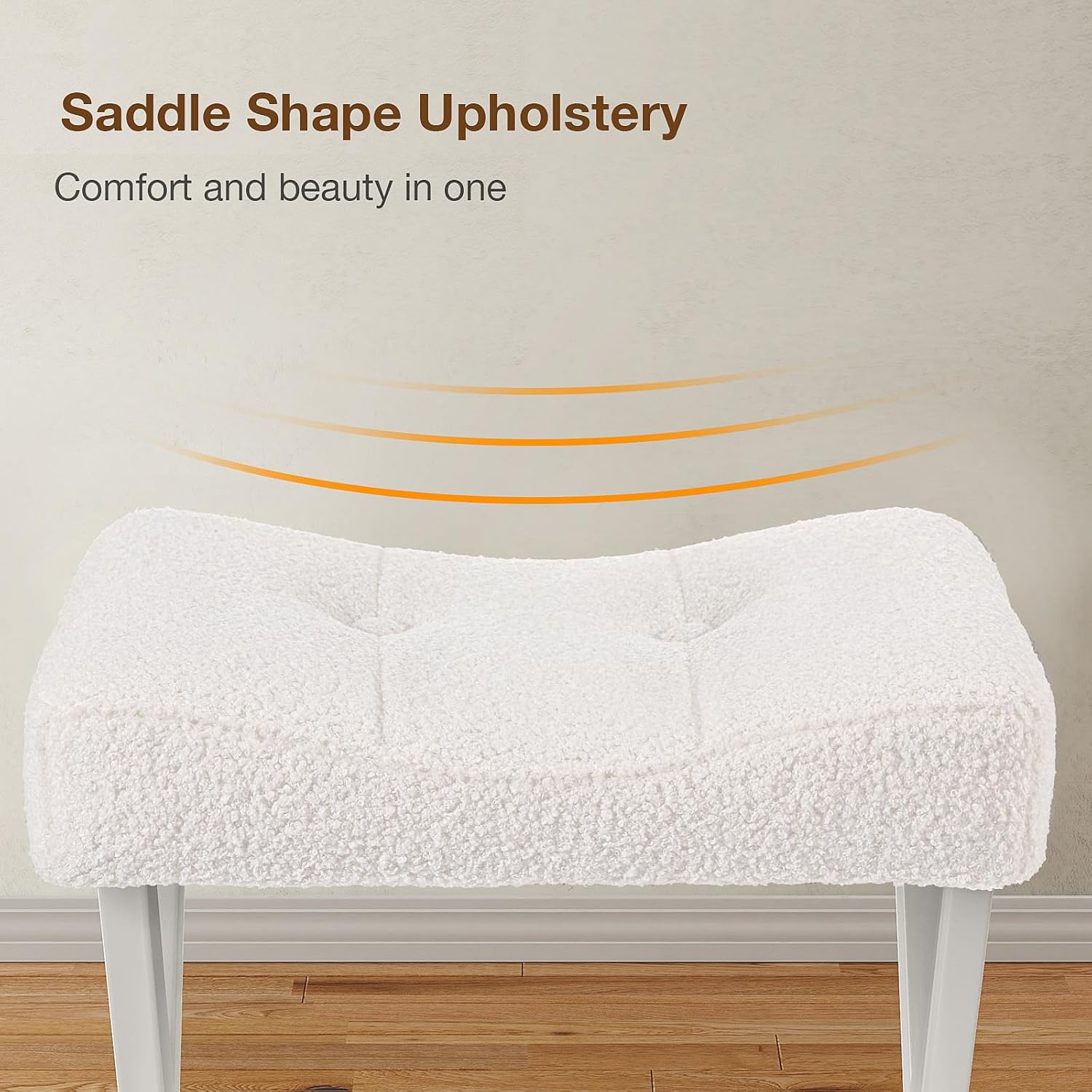 18-Inch Vanity Stool Chair, Vanity Bench with Metal X-Legs, Ottoman Accent Stool with Breathable and Soft Boucle Fabric Saddle Seat, White