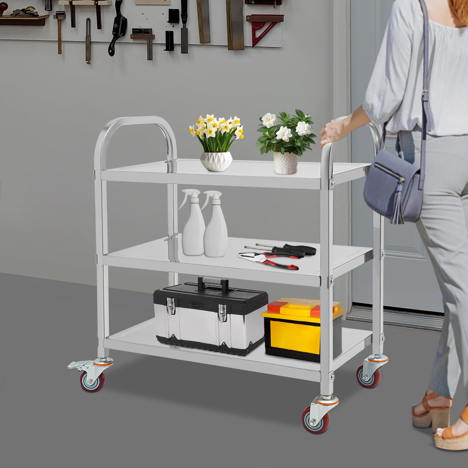 Carrito rodante de acero inoxidable de 3 niveles, carrito de cocina móvil con ruedas, solución versátil para uso doméstico, restaurante y hotel, duradero y elegante