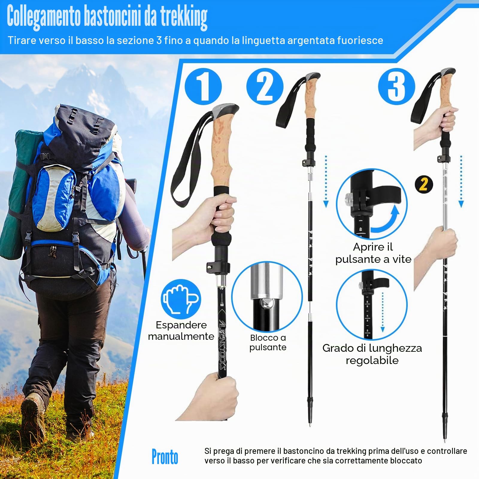 2 PCS Bastoni da Trekking Telescopici 110-130cm Uomo Donna, Ultra-Leggeri in Alluminio 7075, Bastoni da Passeggiata con Impugnatura in Sughero per Escursionismo, Nordic Walking e Sci Alpinismo