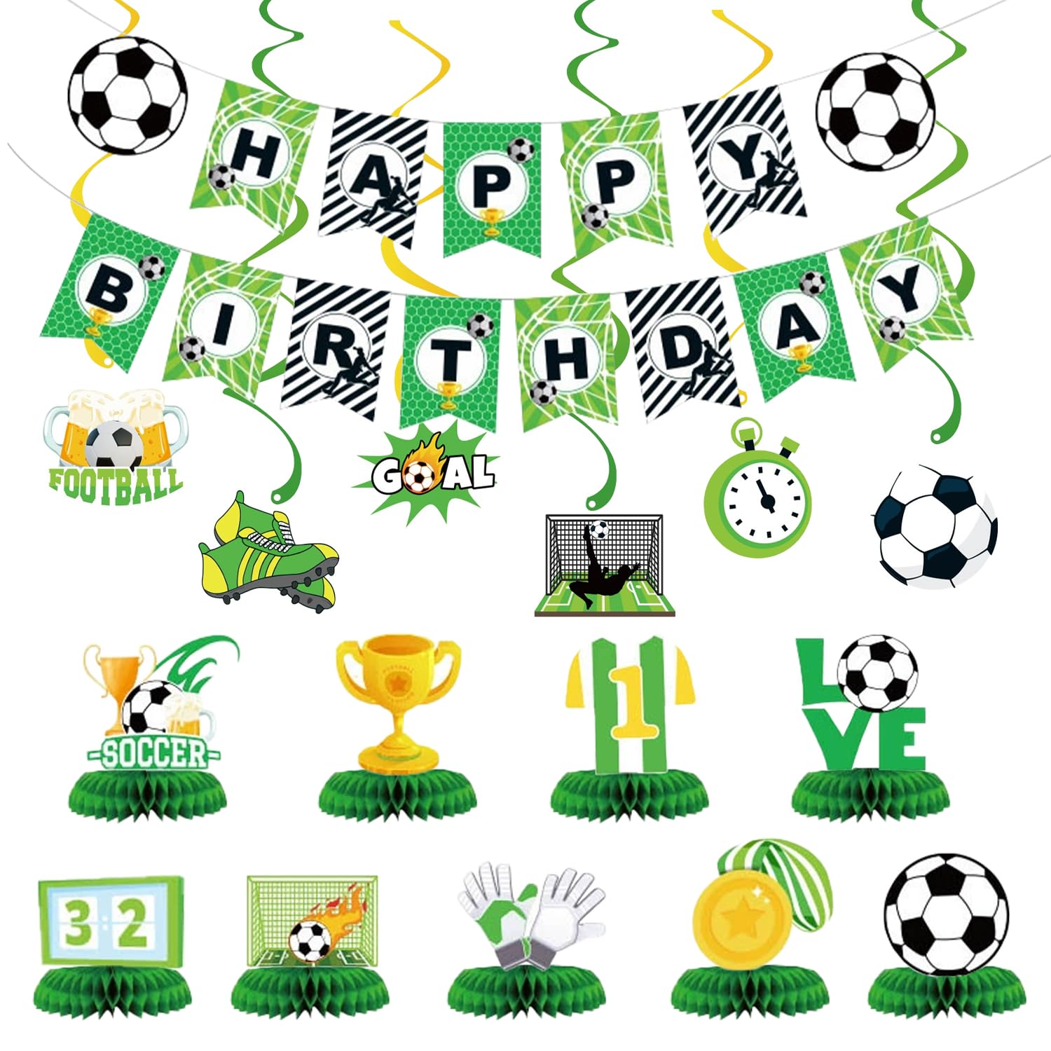 Zorpex Soccer Birthday Decorations, Sport Themed Happy Birthday Banner, Boy Girl Funny Party Supplies with Banner, Hanging Swirl, Honeycomb