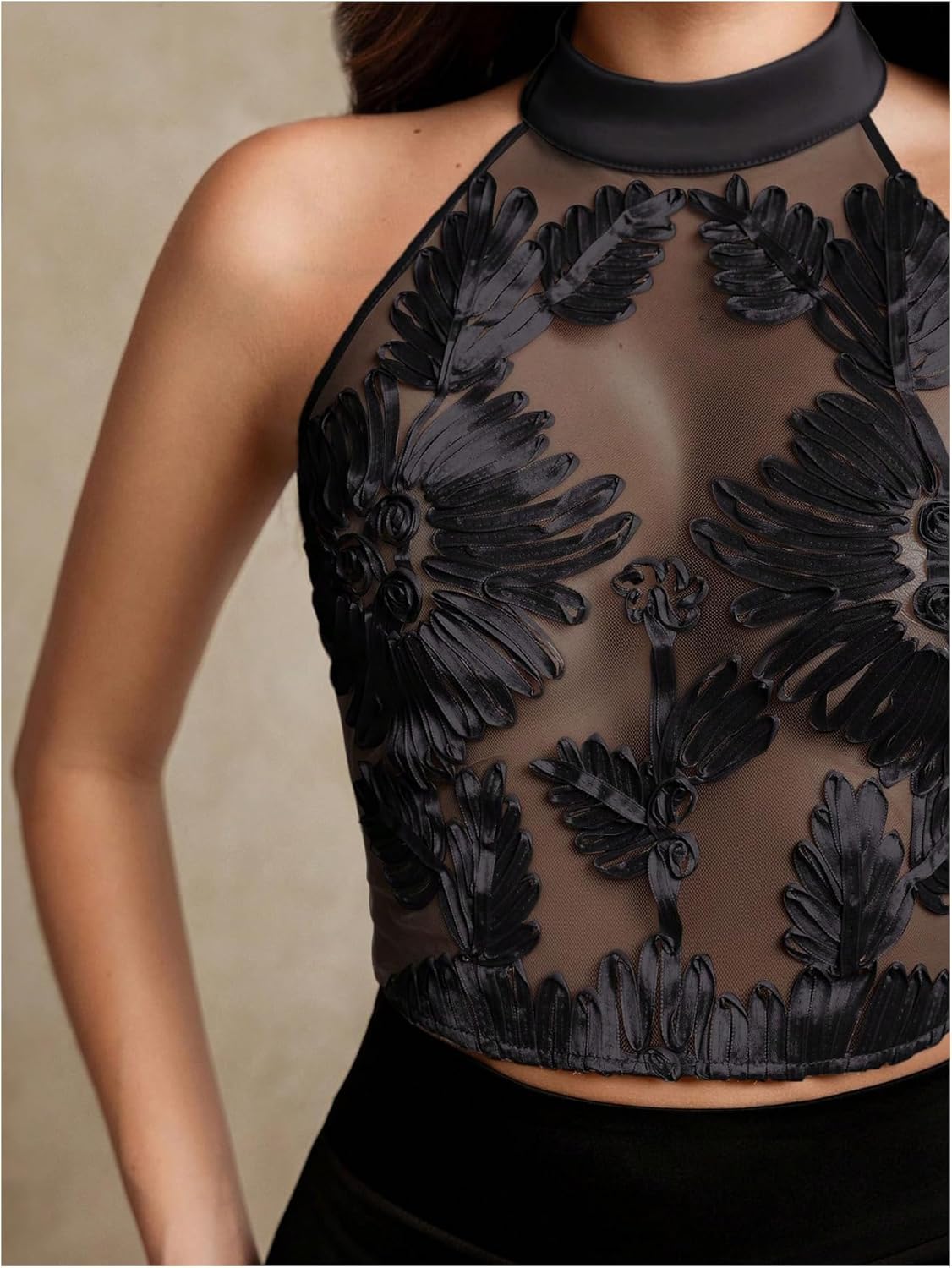 Milumia Women's Floral Mesh Halter Crop Top Sexy See Through Mock Neck Party Club Tank Tops - Image 4