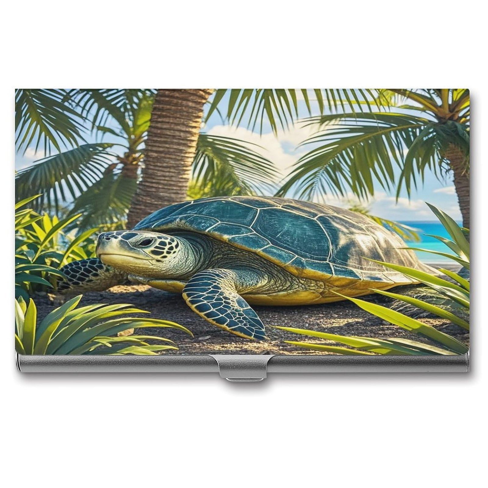 FekiLoot Big Turtle And Palm Trees Business Card Holder Aluminum Alloy Business Card Case Convenient to Carry Business Card Dispenser for Men Women