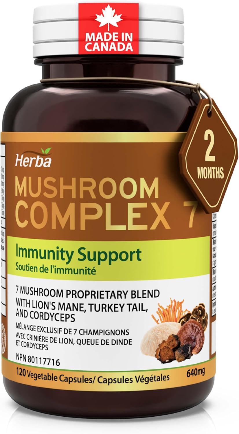 Herba Mushroom Complex with Lions Mane Supplement – 7 Mushroom Blend with Reishi, Chaga, Cordyceps, Turkey Tail, Maitake, Shiitake, and Lion’s Mane | Immune Support Supplement | 120 Vegetable Capsules | Made in Canada