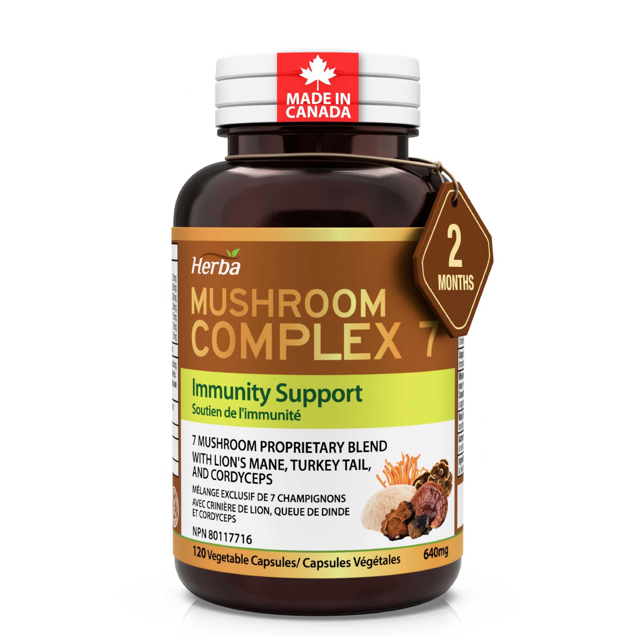 Herba Mushroom Complex with Lions Mane Supplement – 7 Mushroom Blend with Reishi, Chaga, Cordyceps, Turkey Tail, Maitake, Shiitake, and Lion’s Mane | Immune Support Supplement | 120 Vegetable Capsules | Made in Canada
