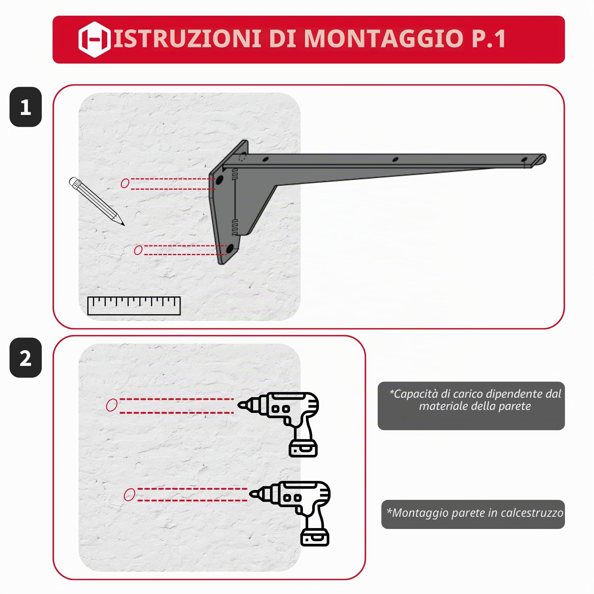 Gedotec Mensola per carichi pesanti in acciaio massiccio | Portata: 150 kg per coppia | Lunghezza: 480 mm | 2 staffe reggimensola | staffa MIRA | grigio primerizzato | mensole robuste