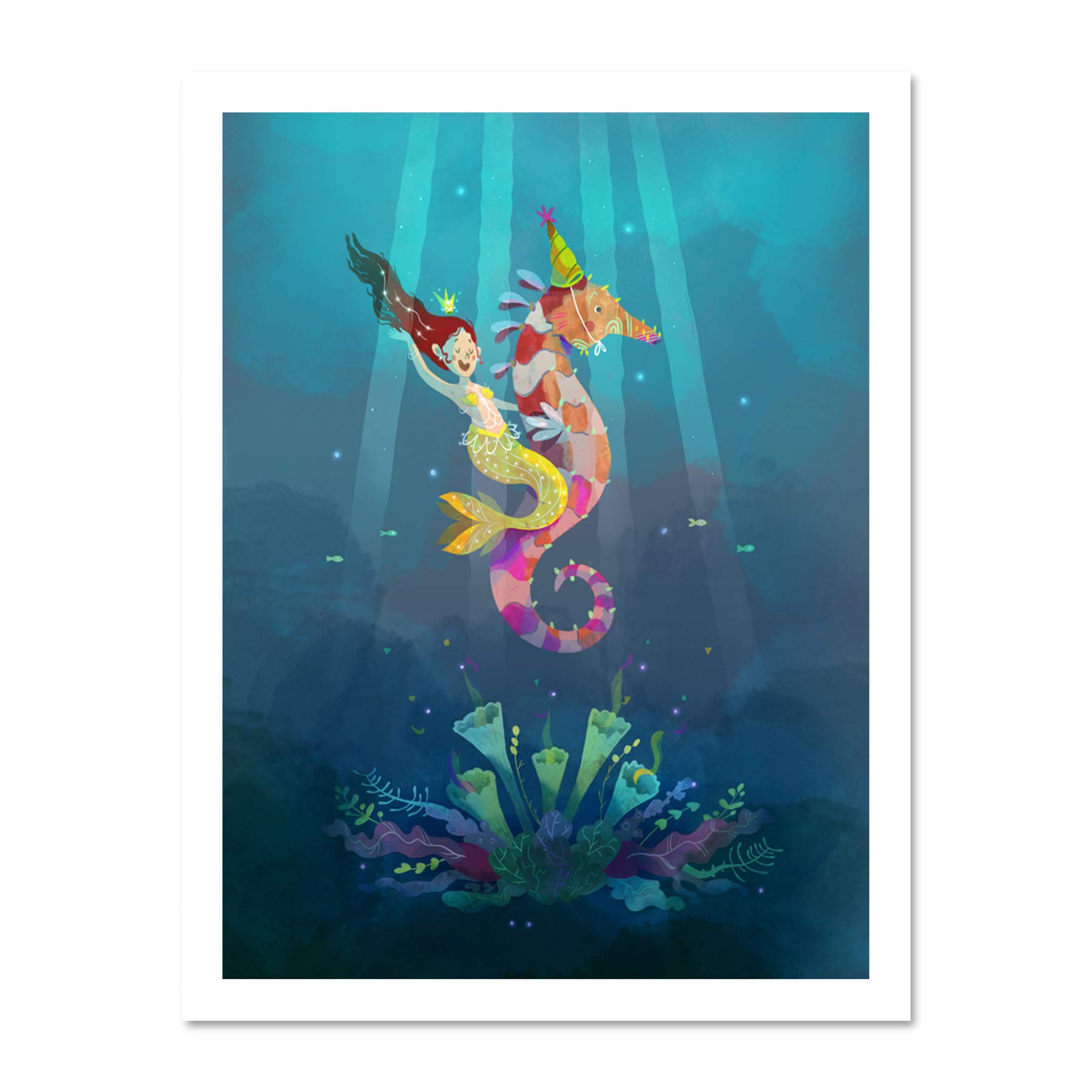 Wee Blue Coo Mermaid Seahorse Yellow Art Large Framed Art Print Poster Wall Decor 18x24 inch