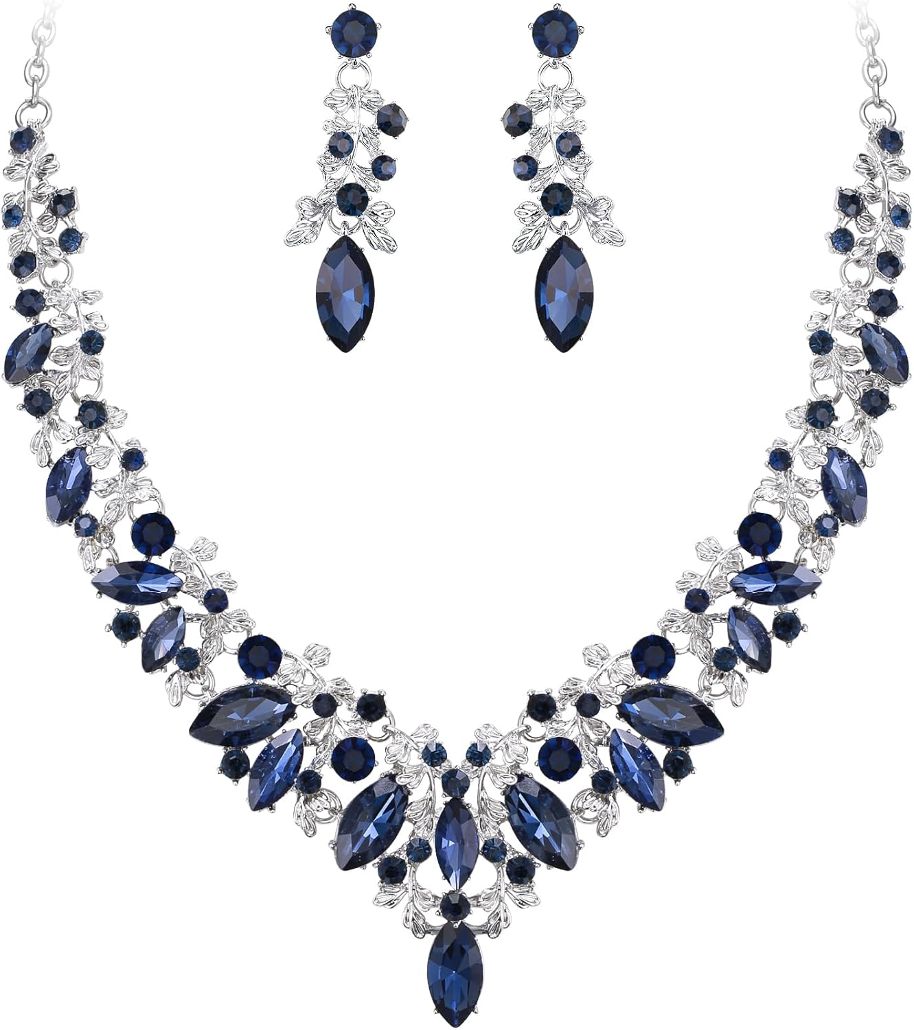BriLove Gorgeous Wedding Jewelry Set for Women, Stunning Shiny Rhinestone Crystal Marquise Leaf Cluster Statement Necklace Dangle Drop Earrings for Wedding Party Prom Accessories