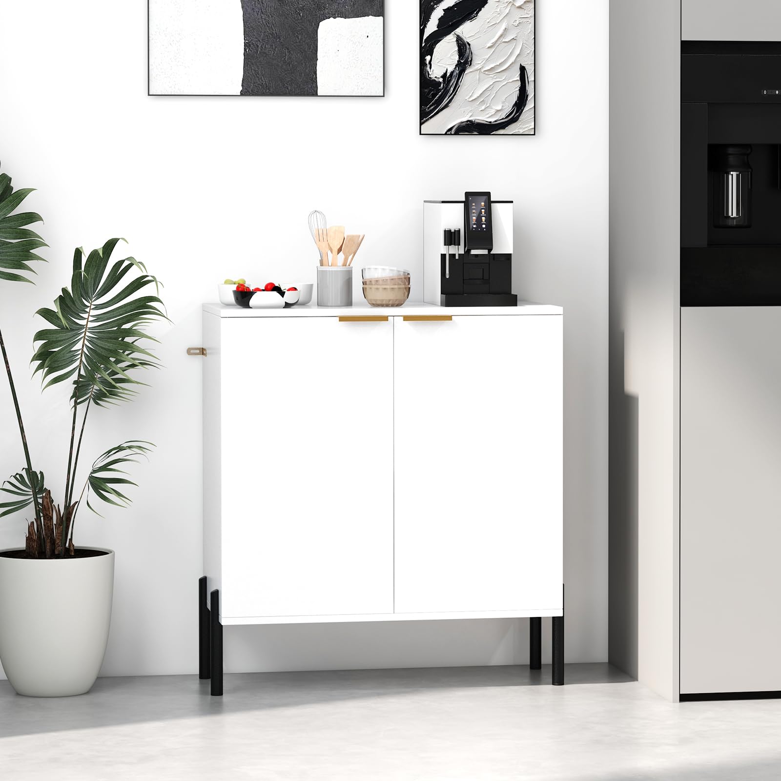 GOPLUS Buffet Aparador de 2 Puertas, Equipado con Kit Antivuelco, Bisagras Ajustables y Patas Metálicas, Mueble Independiente para Cocina, Estilo Moderno de Acento para Salón y Comedor, Blanco
